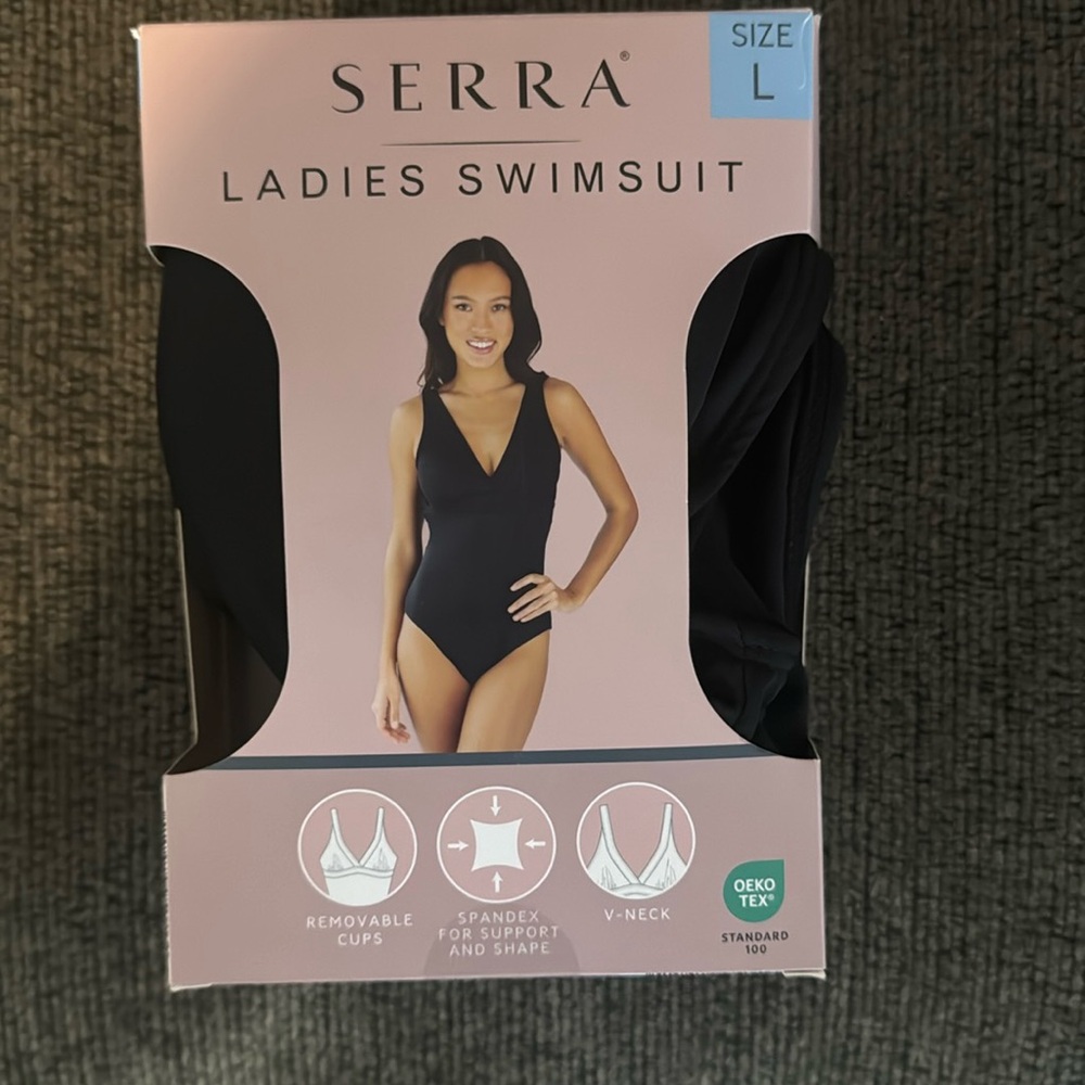 Serra brand ladies swimsuit- black with removable cups, vneck and spandex.